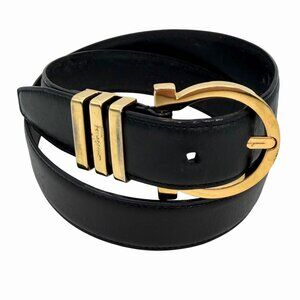 VTG SALVATORE FERRAGAMO BLACK ITALIAN LEATHER BELT w GOLDTONE GANCINI BUCKLE 32"